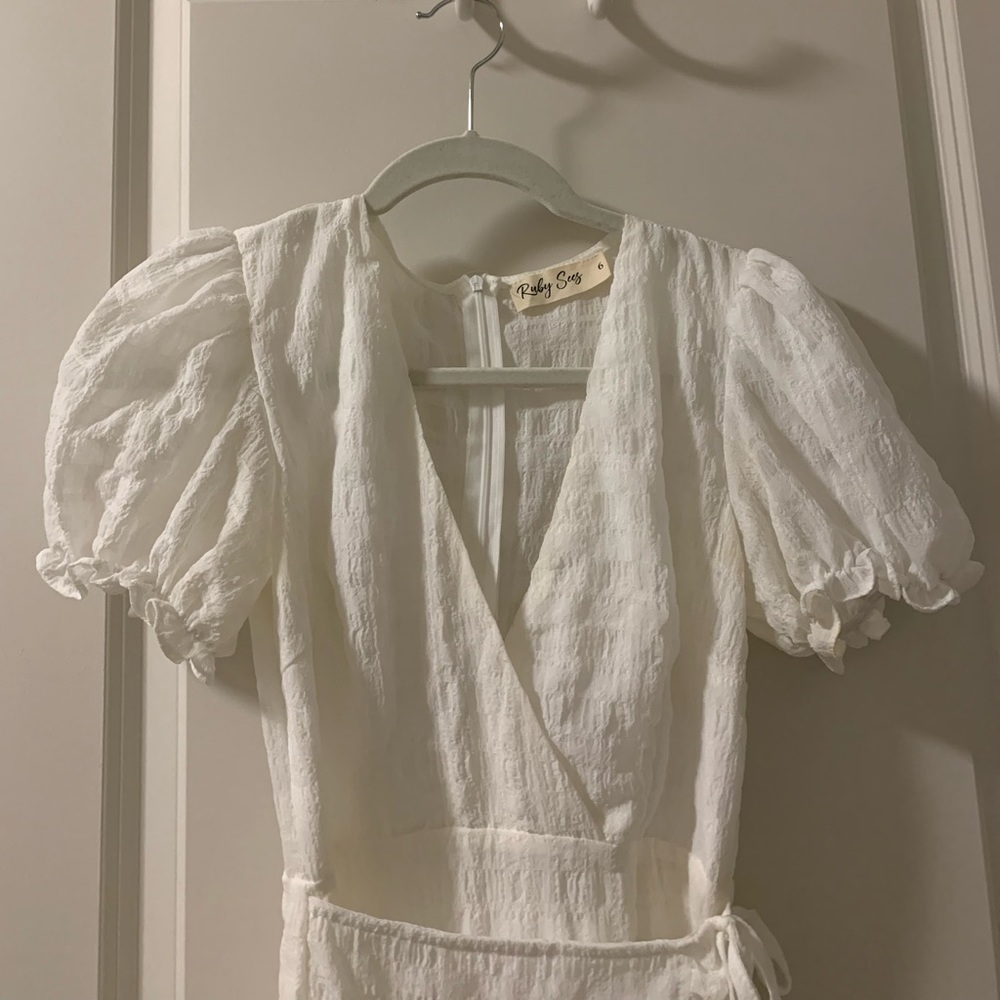 White puff sleeve wrap dress
